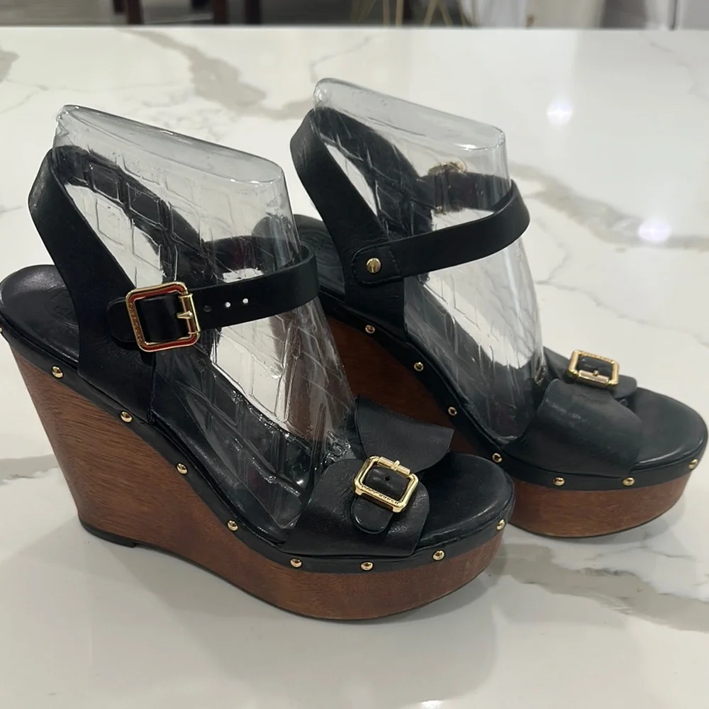 Tory Burch Black and Brown Wedge Sandals with Gold Accents - Picture 2 of 4